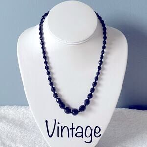 Vintage Mid-Century Descending Black Faceted Beaded Necklace